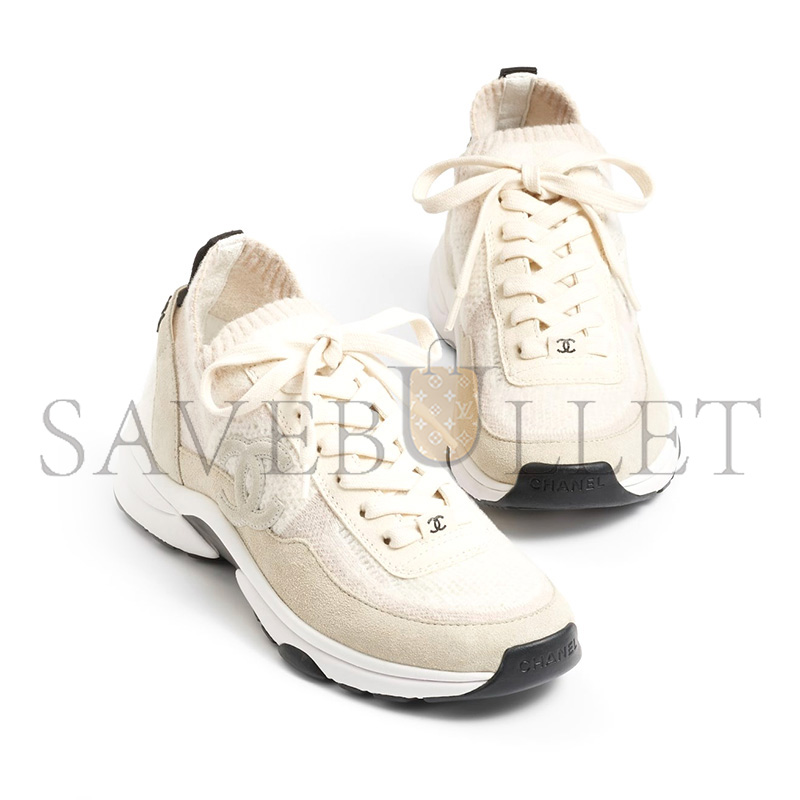 Ch*el white knit fabric and suede cc lace up sneakers g38750